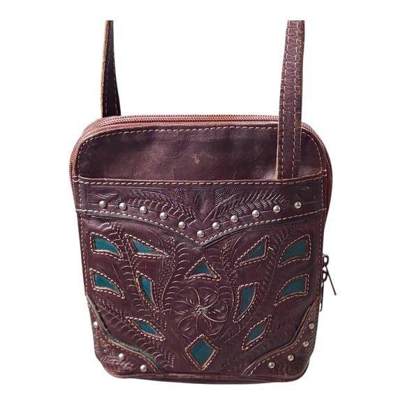 Vintage Western Brown Tooled Leather Crossbody Bag Green Inlays & Stud Accents - Picture 1 of 10